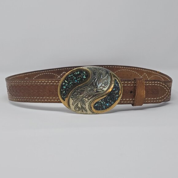 Triple K Tooled Leather Belt with German Silver and Turquoise Western Buckle 34 - Picture 2 of 13